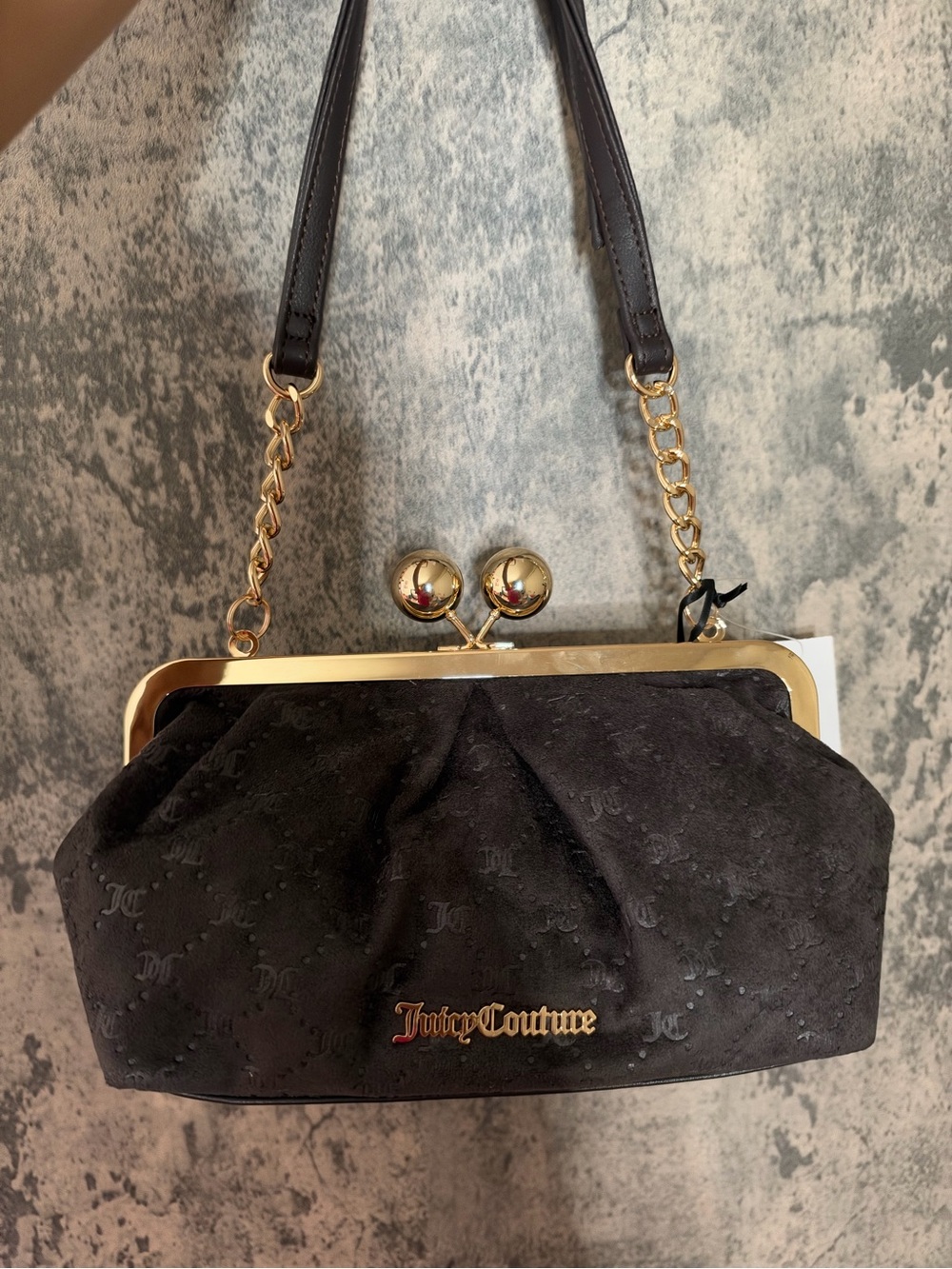 Juicy Couture Black Gold-Trim Frame Clutch with Chain Strap
